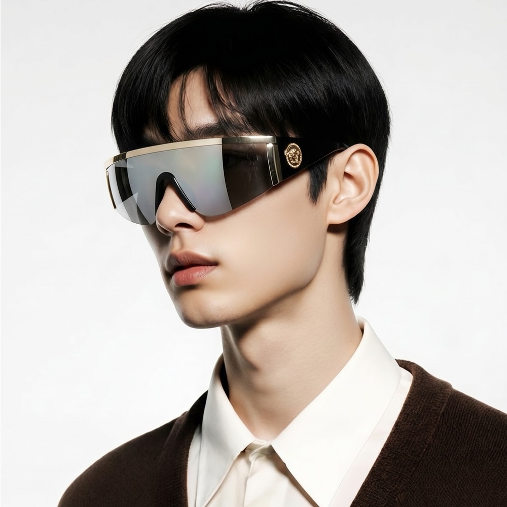 New Versace™ VE2197 Shield Sunglasses – Gold Frame / Grey Mirror Lenses
